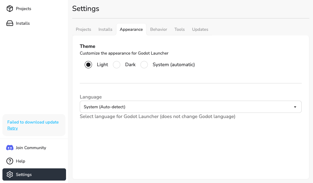 Settings - Appearance Tab Showing the Language Picker