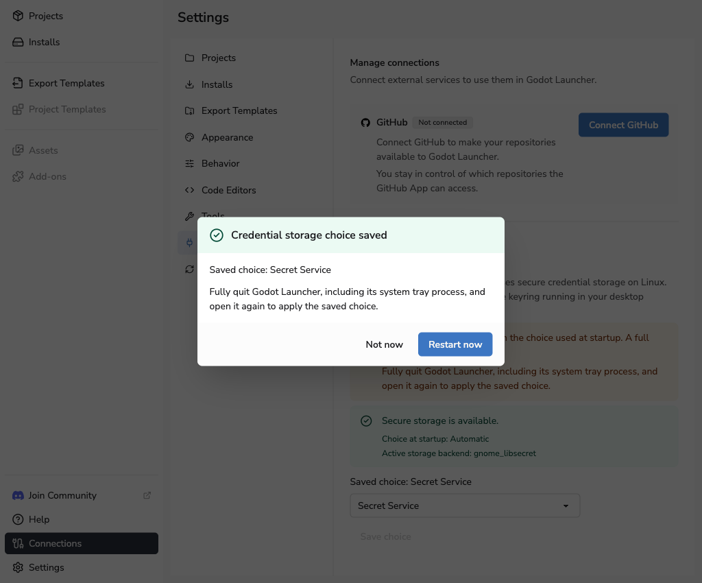 Saved Linux credential storage choice with Restart now and Not now actions
