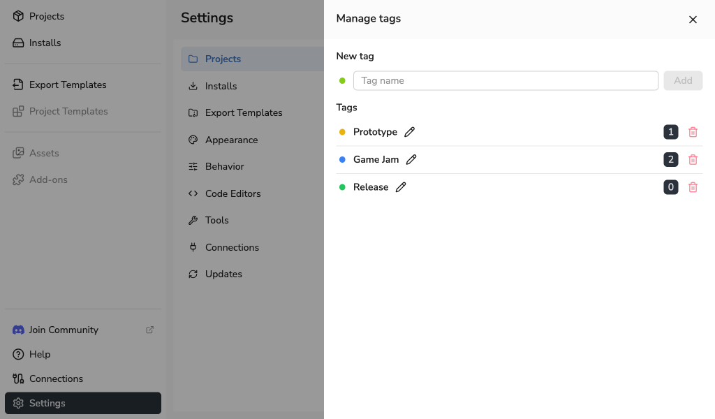 Manage tags drawer showing tag names, colour dots, project counts, and rename and delete buttons