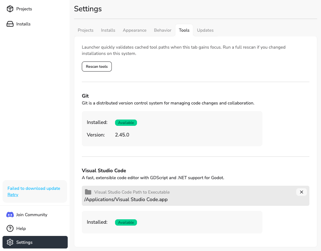 Settings - Tools Tab